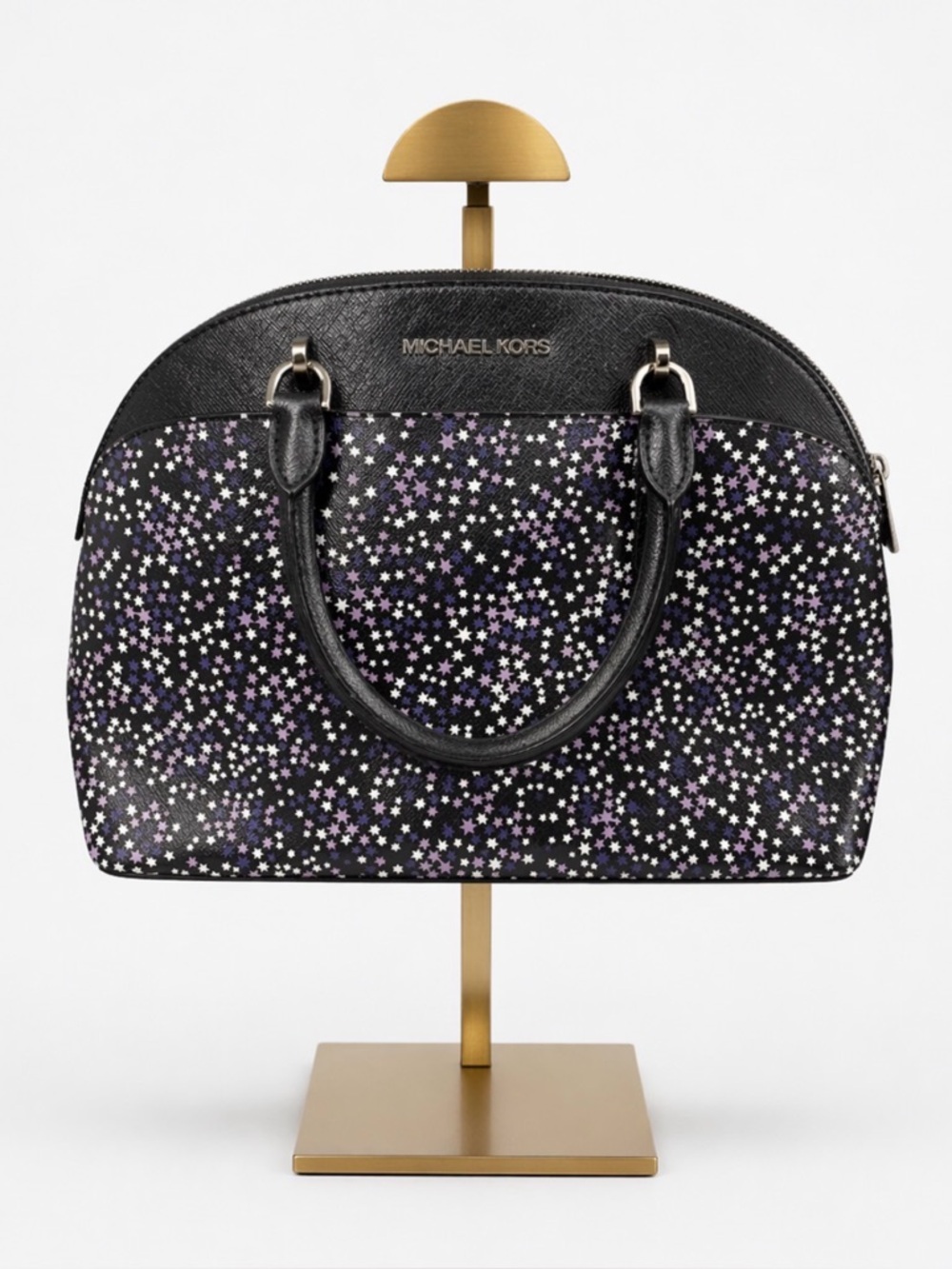 Michael Kors Black Star-Print Dome Satchel with Purple Accents